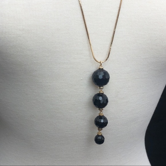 Long Black 4 Bead Simple Gold Necklace - Picture 3 of 3